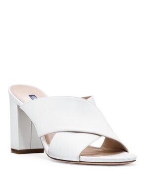 Stuart Weitzman White Leather Crossover Block Heel Mule Sandal